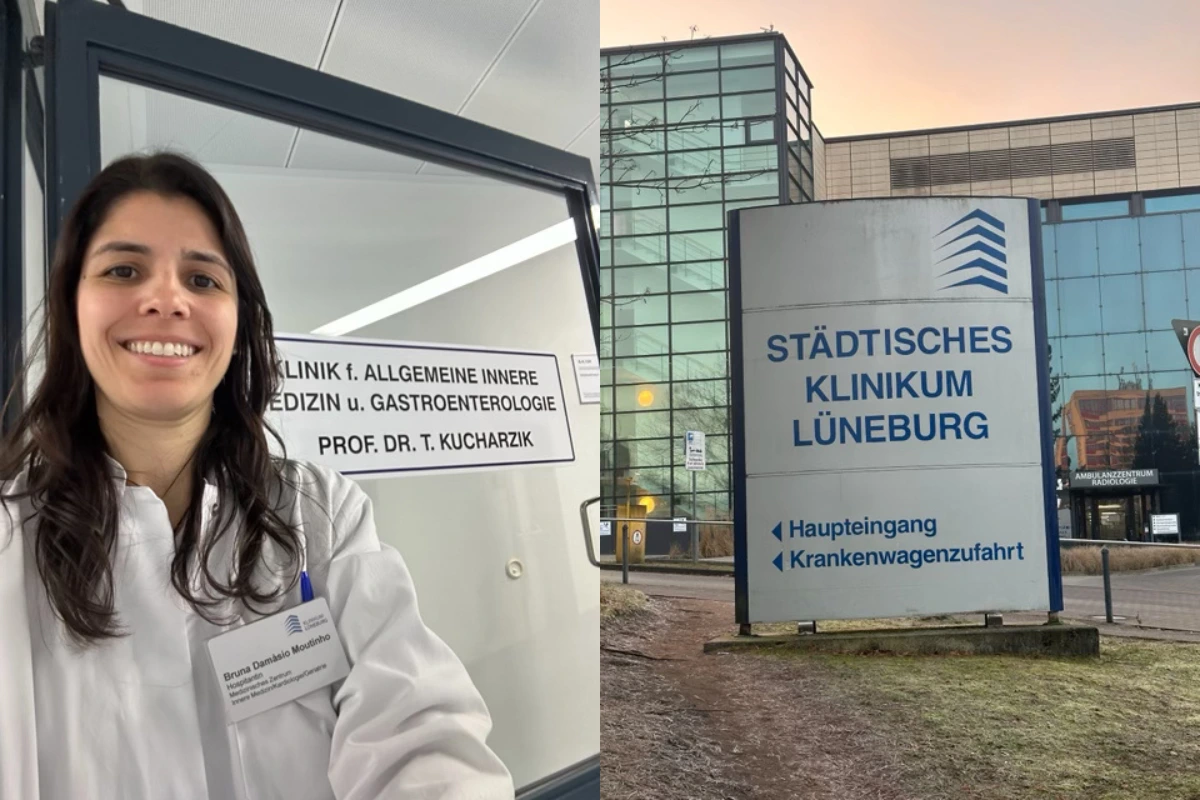 Dra. Bruna Damásio Moutinho em treinamento de ultrassonografia intestinal na Universidade de Lüneburg